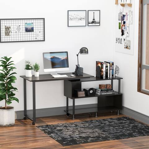 HOMCOM Mobile L-Shaped Rotating Computer Desk with Storage Shelves Moveable Rolling Writing Table