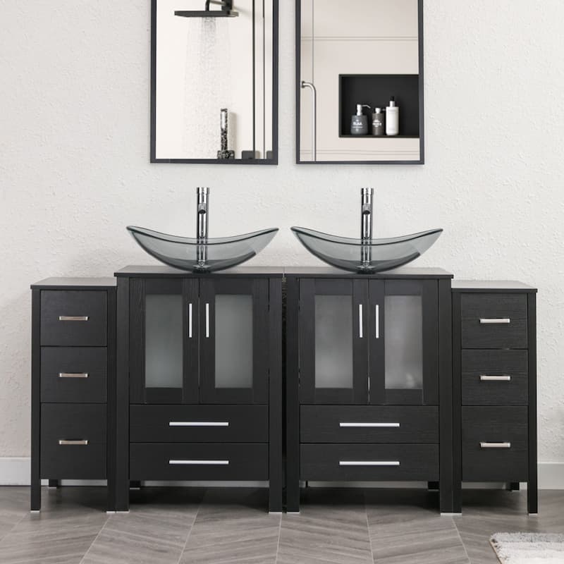 72" Bathroom Vanity Set Glass Ceramic Vessel Sink Side Cabinet Combo