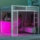 preview thumbnail 3 of 23, Full Size Gaming Loft Bed with Desk and LED Lights, Metal Loft Bed Frame w/ 3 Linen Storage Drawers, Open Wardrobe & Ladder