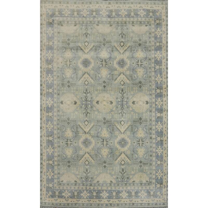 Hand-knotted Transitional Silk Carpet Blue Oushak Rug Geometric Oriental Area Rug - 7' 11'' X 5' 6''