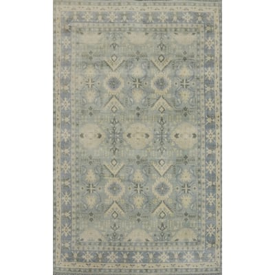 Hand-knotted Transitional Silk Carpet Blue Oushak Rug Geometric Oriental Area Rug - 7' 11'' X 5' 6''