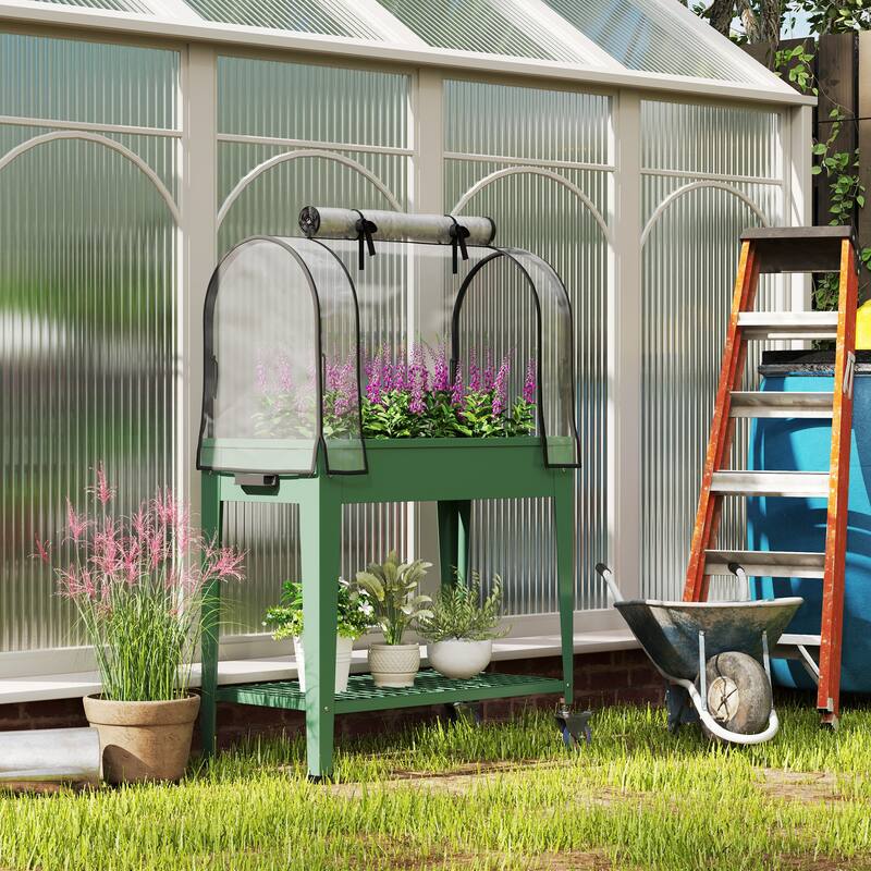 Outsunny Raised Garden Bed with Greenhouse Cover, Large Metal Outdoor Elevated Planter Box with Lockable Wheels - Mini