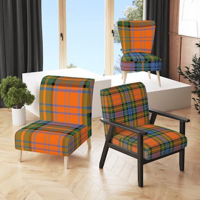 Designart "Green and Orange Checked Tartan" Upholstered Patterned Accent Chair and Arm Chair