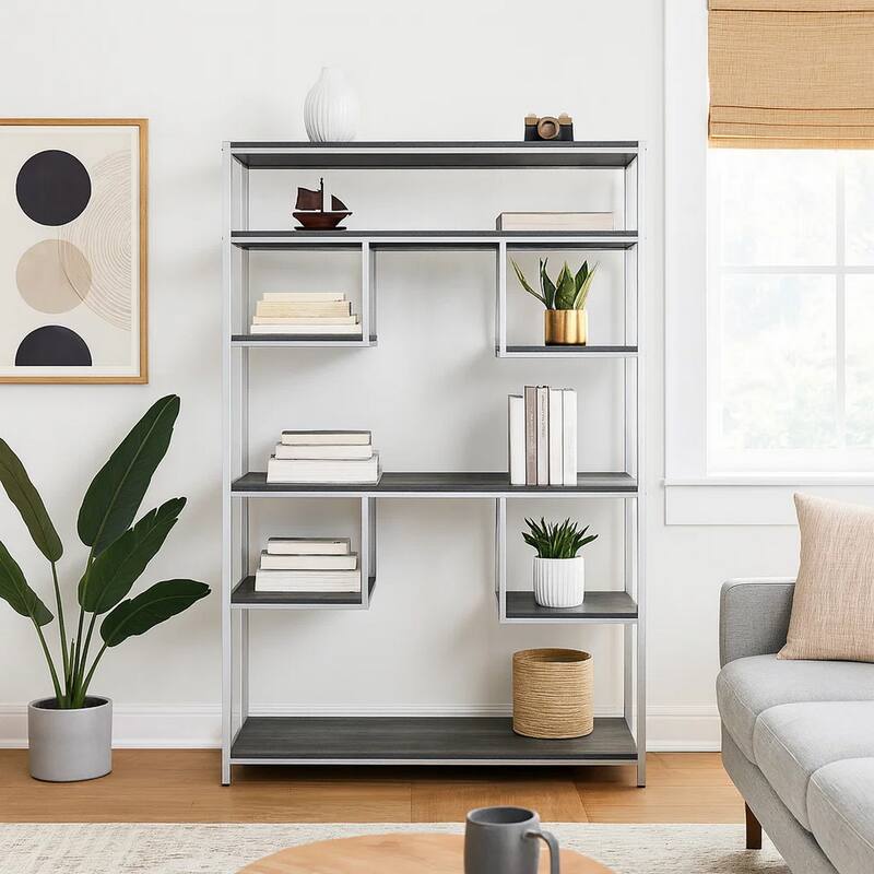 Etagere Bookshelf with 7 Shelves and Geometric Pattern,Silver and Dark Gray