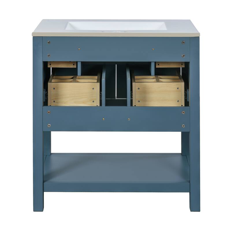 Bathroom Vanity with Ceramic Sink, Bathroom Storage Cabinet with 5 Drawers, Bathroom Vanity Set with Open Shelf