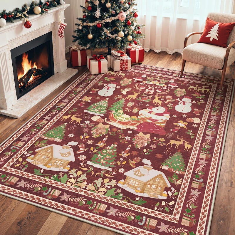 Mcow Holiday Magic Collection Machine-Washable Christmas Area Rug - 8' x 10' - Snowman red - Rectangle