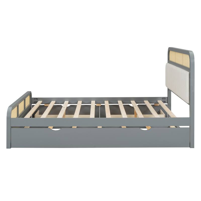 Queen size Wooden Platform Bed with Twin Trundle and 2 Storage Drawers, Classic Rattan Bed Frame with Upholstered Headboard