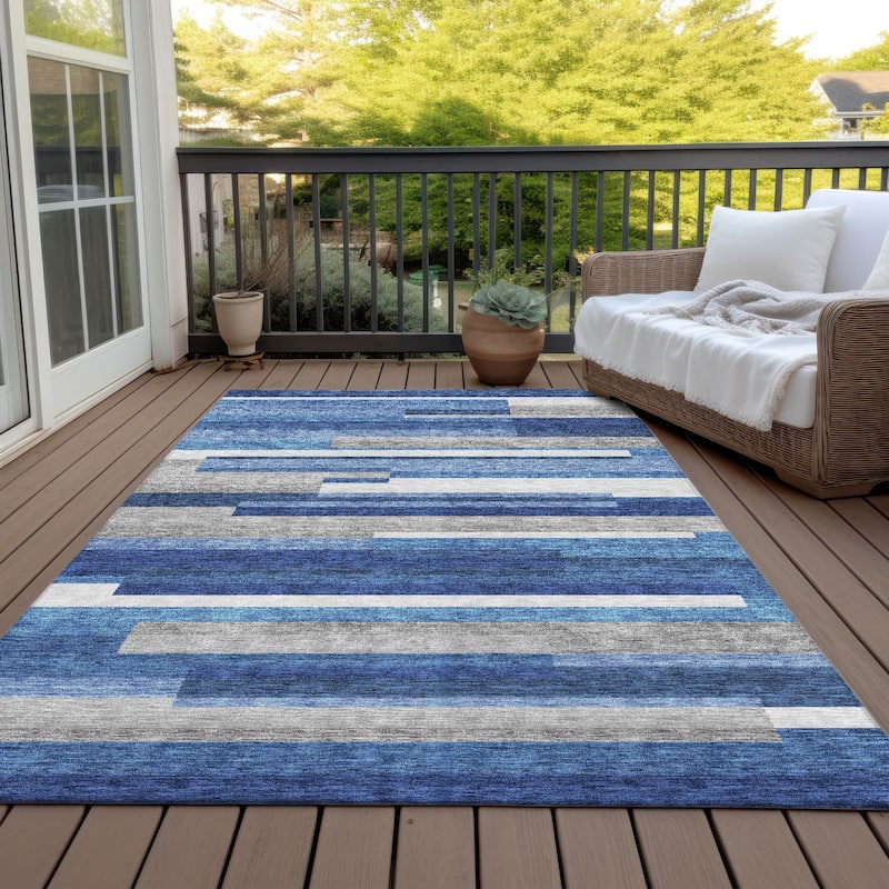 Machine Washable Indoor/ Outdoor Chantille Contempory Stripe Rug - Blue - 10' x 14'