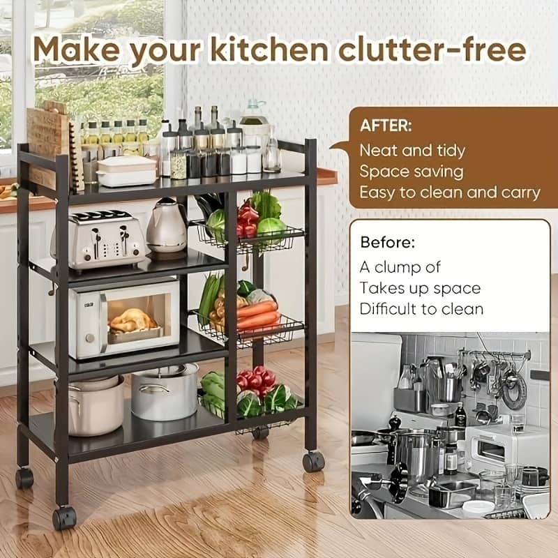 80cm Floor-Standing Storage Rack, Multifunctional Storage Rolling Cart, Kitchen Storage Rack with Mesh Basket