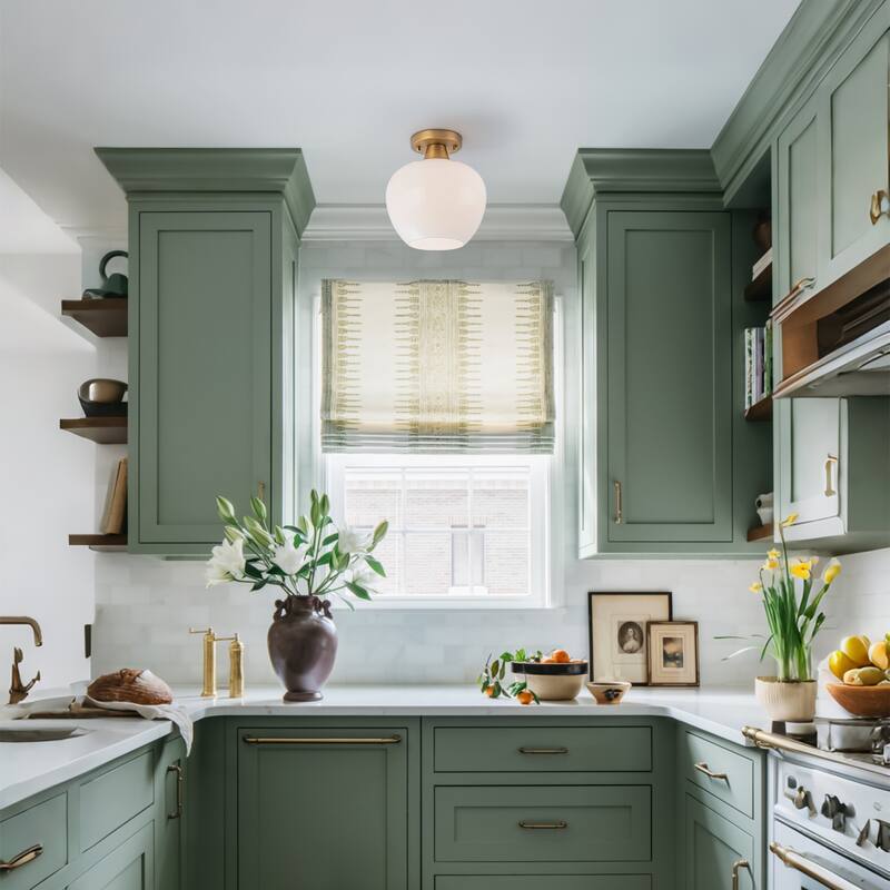 1-Light Gold Dome Flush Mount Ceiling Light with Opal Glass