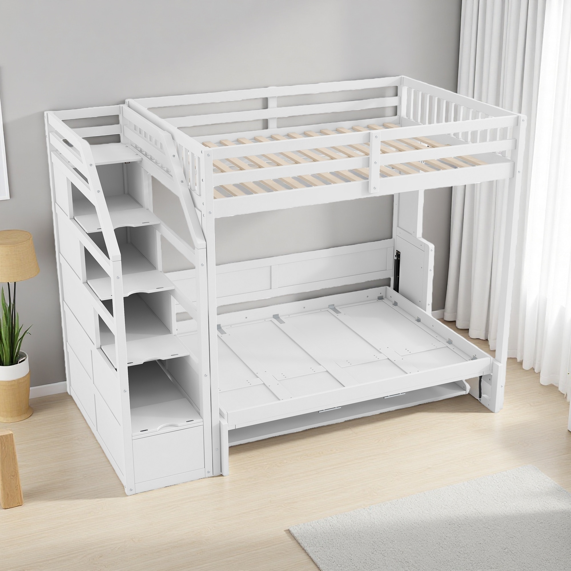 Full XL Pine Loft Bed with Staircase & Murphy Bed