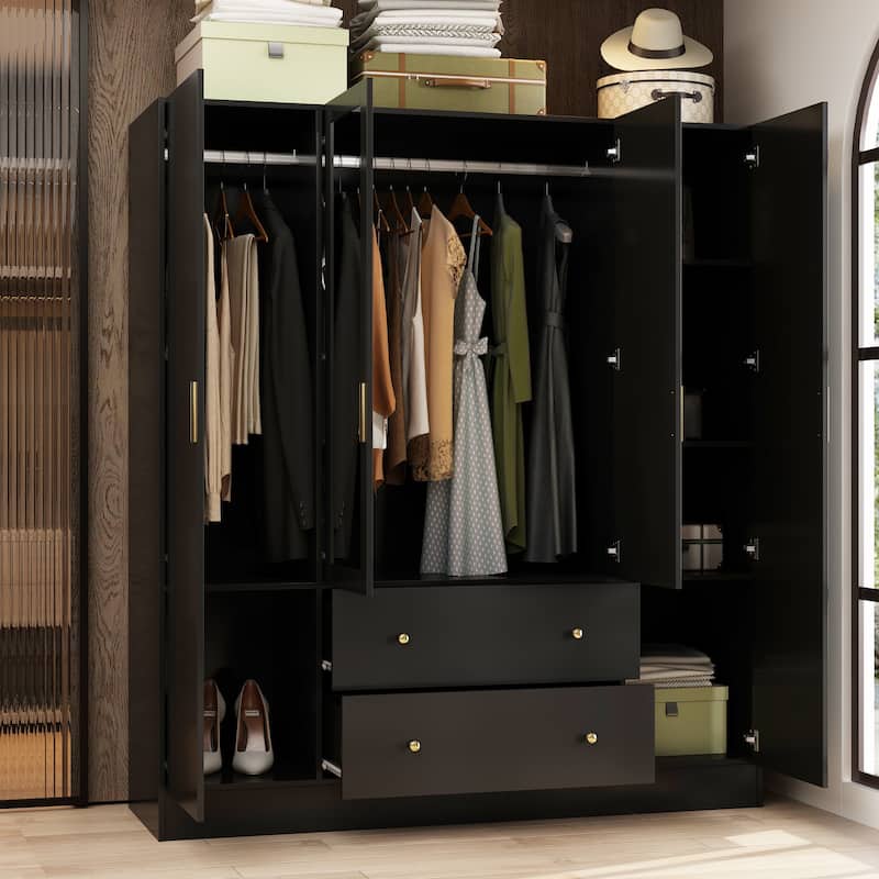Wardrobe Armoire Wooden Closet with Mirror Storage Cubes Hanging Rod