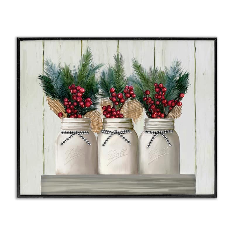 Stupell White Country Jars with Christmas Berry Bouquets Framed Wall Art - Multi-Color - 24 x 30 - Black