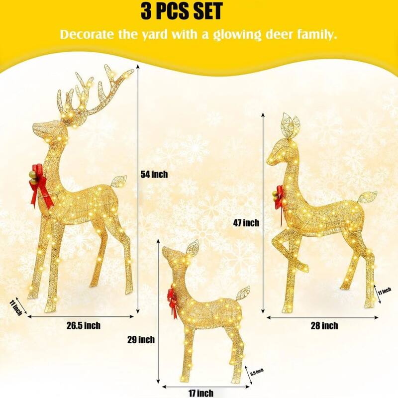 5ft Lighted Christmas Deer Set, 3-Piece Reindeer Holiday Decor - Golden