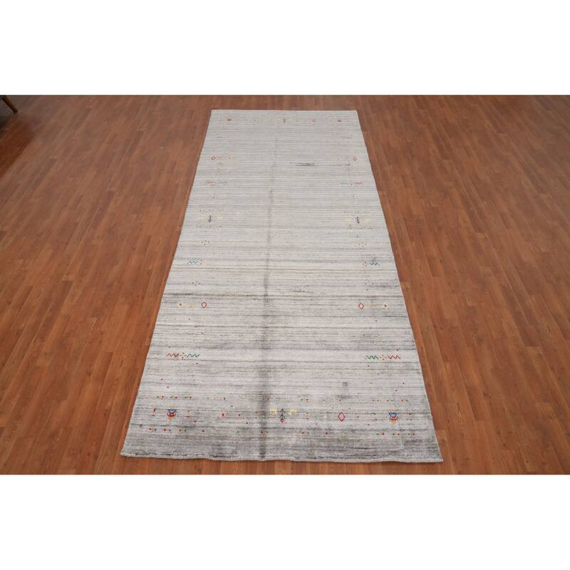 Hand Knotted Oriental Viscose Silk Carpet Tribal Animal Pictorial Greys & Charcoal Gabbeh Area Rug - 11' 8'' X 4' 10''