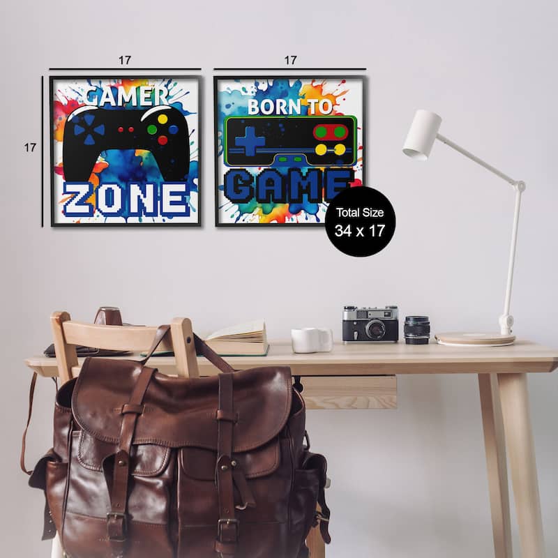 Stupell Gamer Zone on Splash Framed Giclee Art Design By Kim Allen (Set of 2)