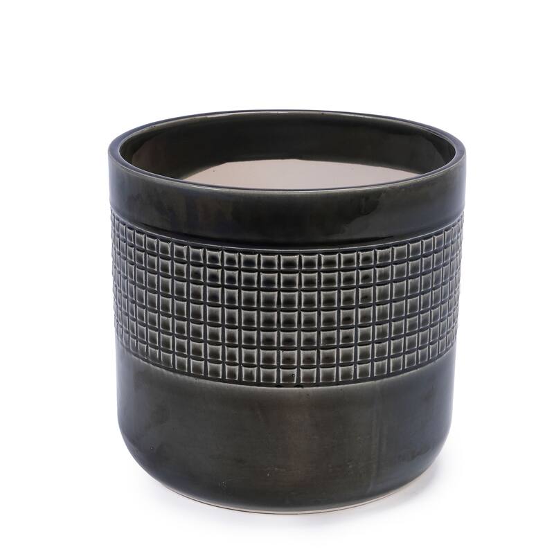9" Ceramic Flowerpot Garden Modern Patio Grid Planter(Set of 3) - 9.65 in.W x 9.65 in.D x 9.25 in.H - Black