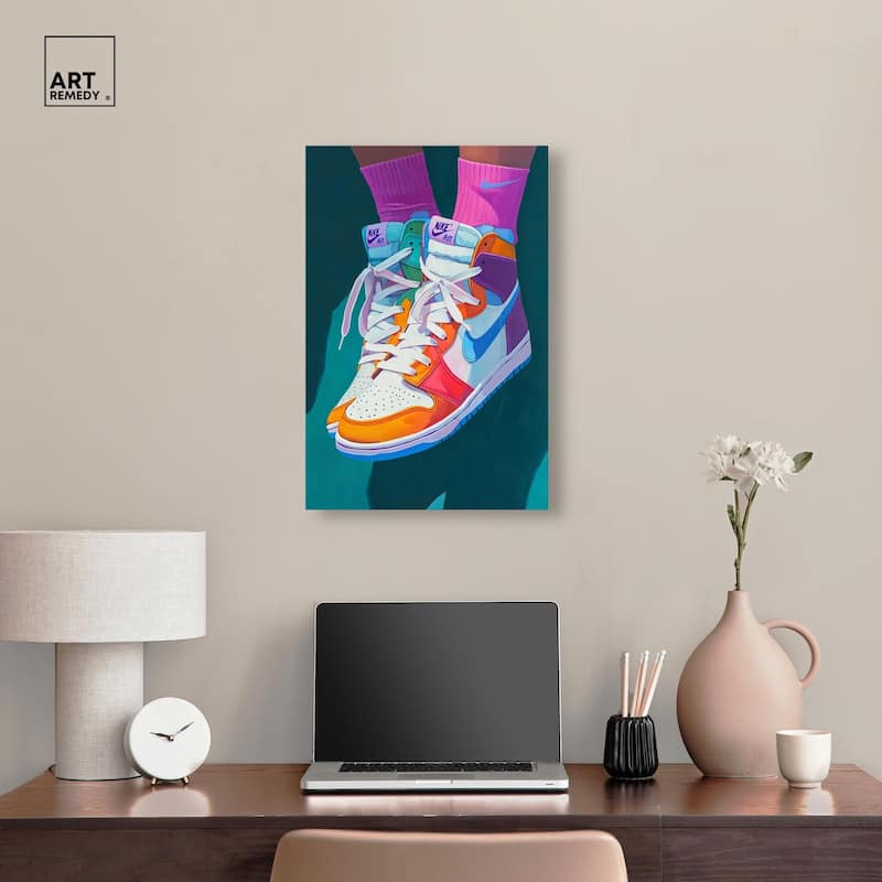 Colorful Sneaker Jump Canvas by Art Remedy, Gallery Wrapped