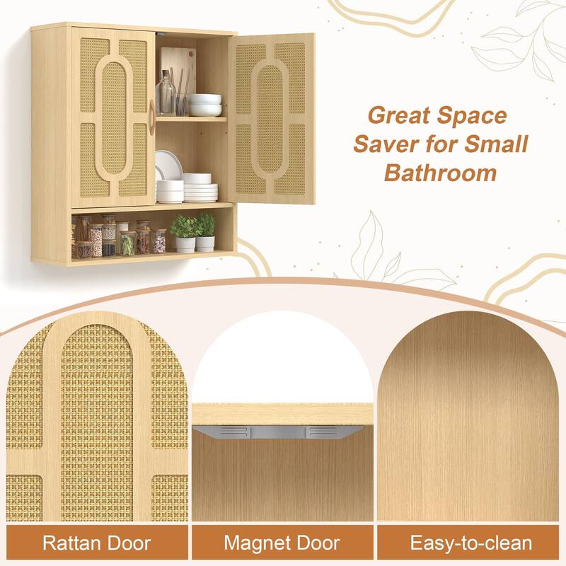 VECELO Oak Finish Wall Mounted Bathroom Cabinet Double Door Woven Rattan Medicine Cabinet with Adjustable Shelves & Open Storage