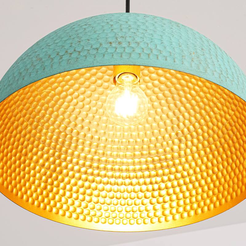 15.7" 1-Light Retro Antiqued Green Hammered Dome Pendant with Gold Interior Hanging Light for Dining Room
