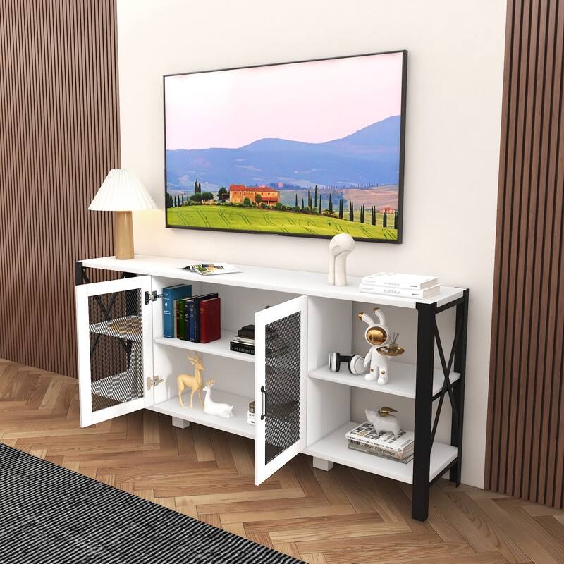 Rustic Industrial Media Console with Open Shelving - 80 Inch Wood & Metal TV Stand