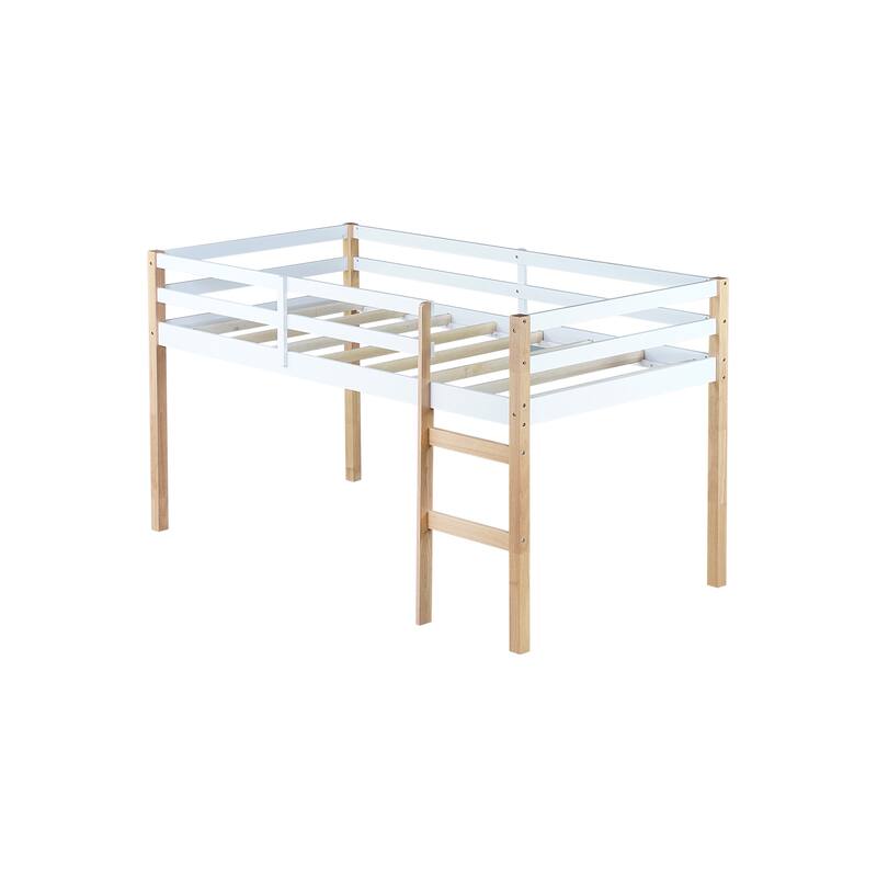 Natural White Twin Loft Bed with Ladder, Strengthened Slats, Ample Underbed Storage