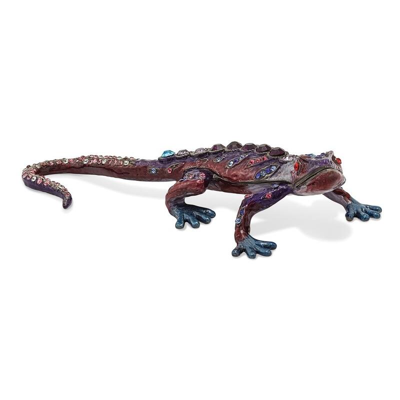 Curata Pewter Crystals Pewter-Tone Enameled Prince of Jewels Gecko Trinket Box on 18 Inch Necklace