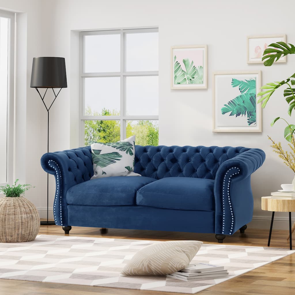 2 Seat Sofa Couch Navy Blue Upholstered Loveseat with Nailhead Trim, 2-Seater Settee with Rolled Armrests
