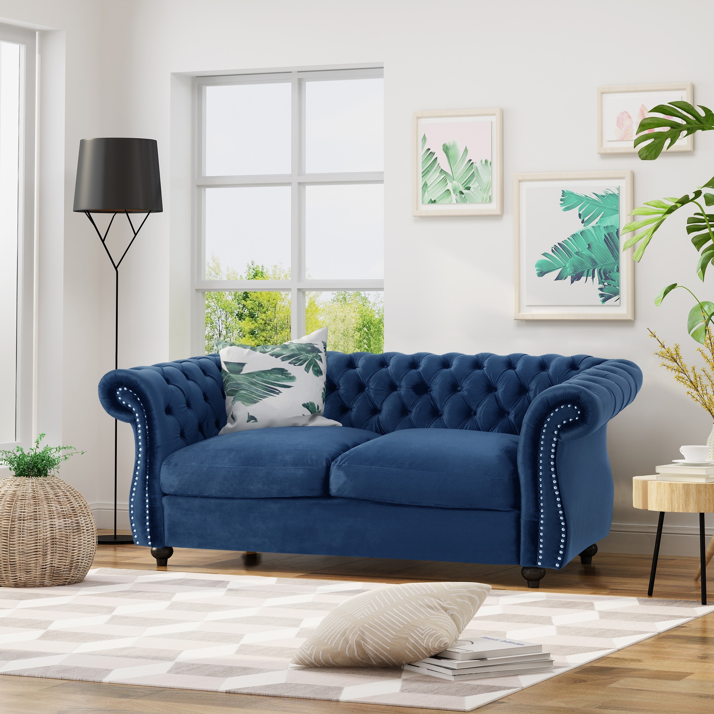 2 Seat Sofa Couch Navy Blue Upholstered Loveseat with Nailhead Trim, 2-Seater Settee with Rolled Armrests