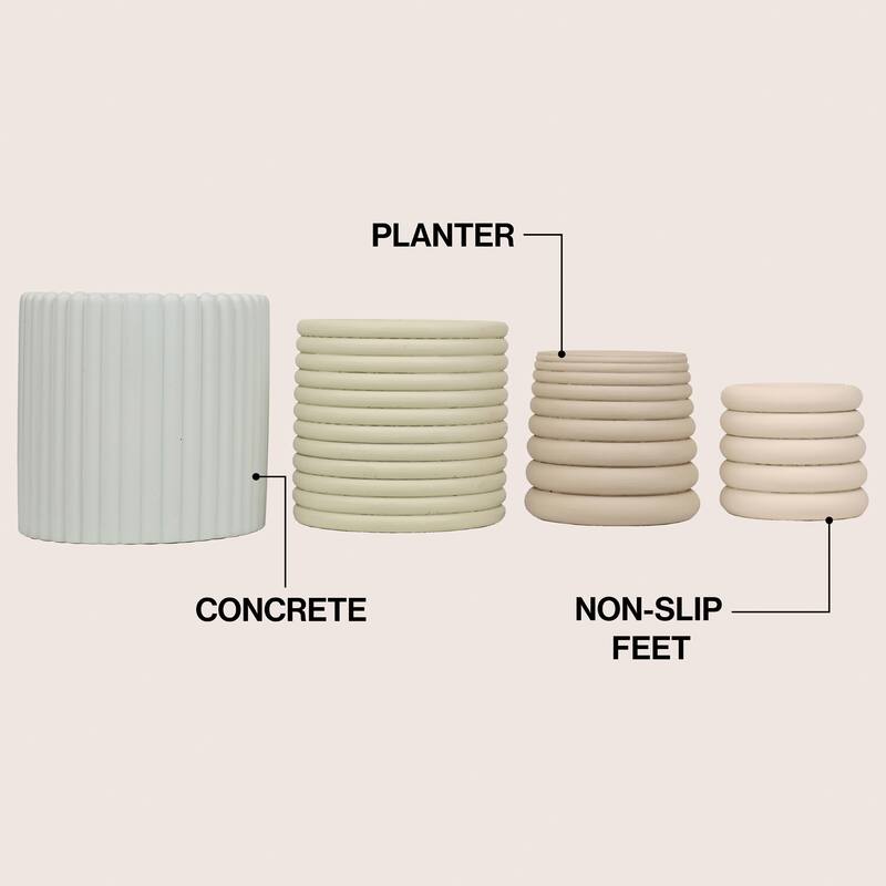 JONATHAN Y Silas Modern Minimalist Handmade Concrete Fluted Sculptural Cylinder Planter Set with Drainage Holes (Set of 4)