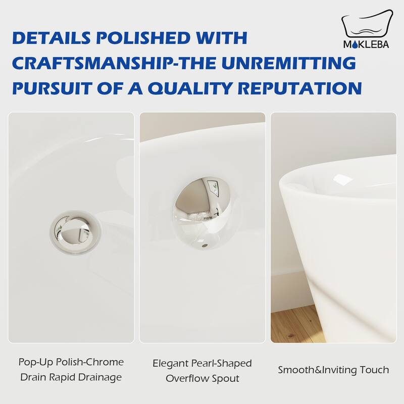 63 in. Acrylic Flatbottom Freestanding Bathtub Soaking with Pop Up Drain