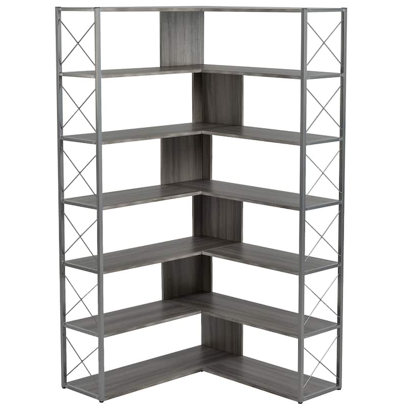 Industrial 7-Tier L-Shaped Corner Bookcase Home Office Bookshelf