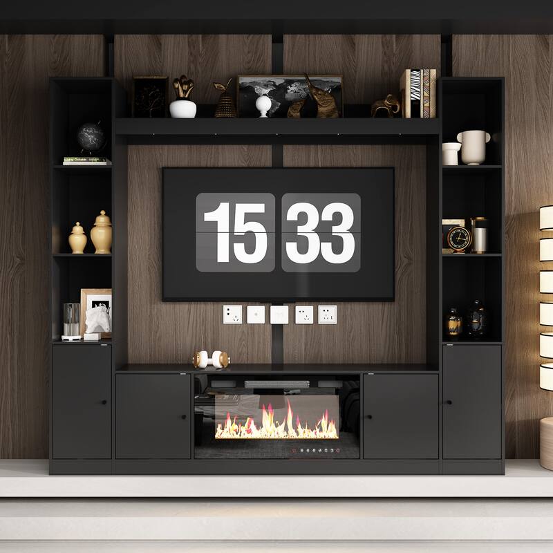 Entertainment Hub w/Fireplace Insert Compatibility Sleek Media Center - Black Set