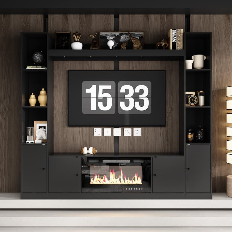 Media Console w/Fireplace Niche Contemporary Living Room Furniture - Black Set