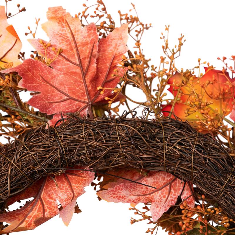 24" Autumn Harvest Maple Leaf with Berries Artificial Wreath; Unlit