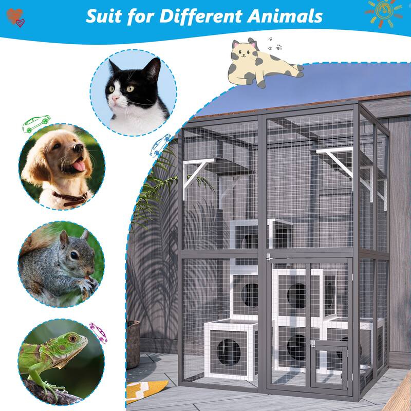 Outdoor Wooden Cat Catio - Large Walk-In Playpen with 2 Platforms & 7 Napping Houses, Grey