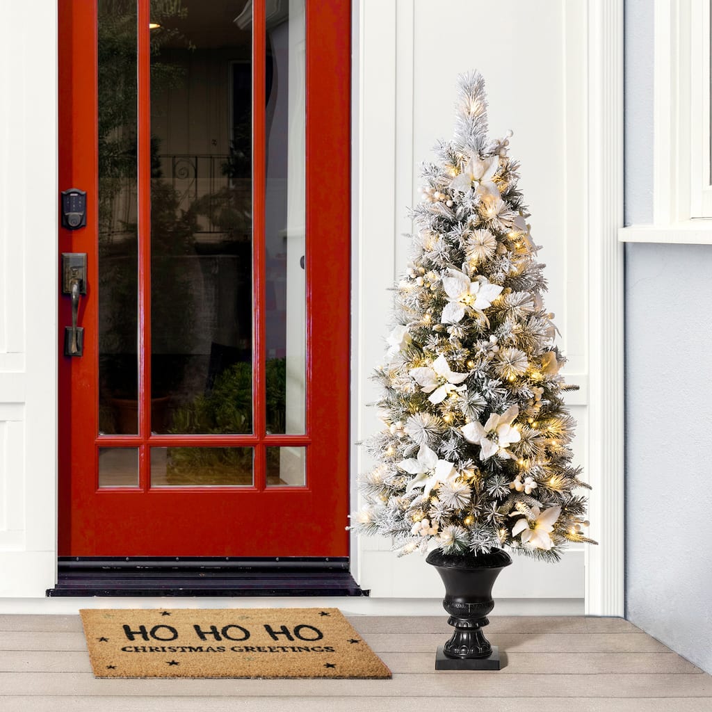 Glitzhome 5FT Pre-Lit Snow-Flocked Pine Artificial Potted Christmas Tree with 150 Warm White Lights and Poinsettia