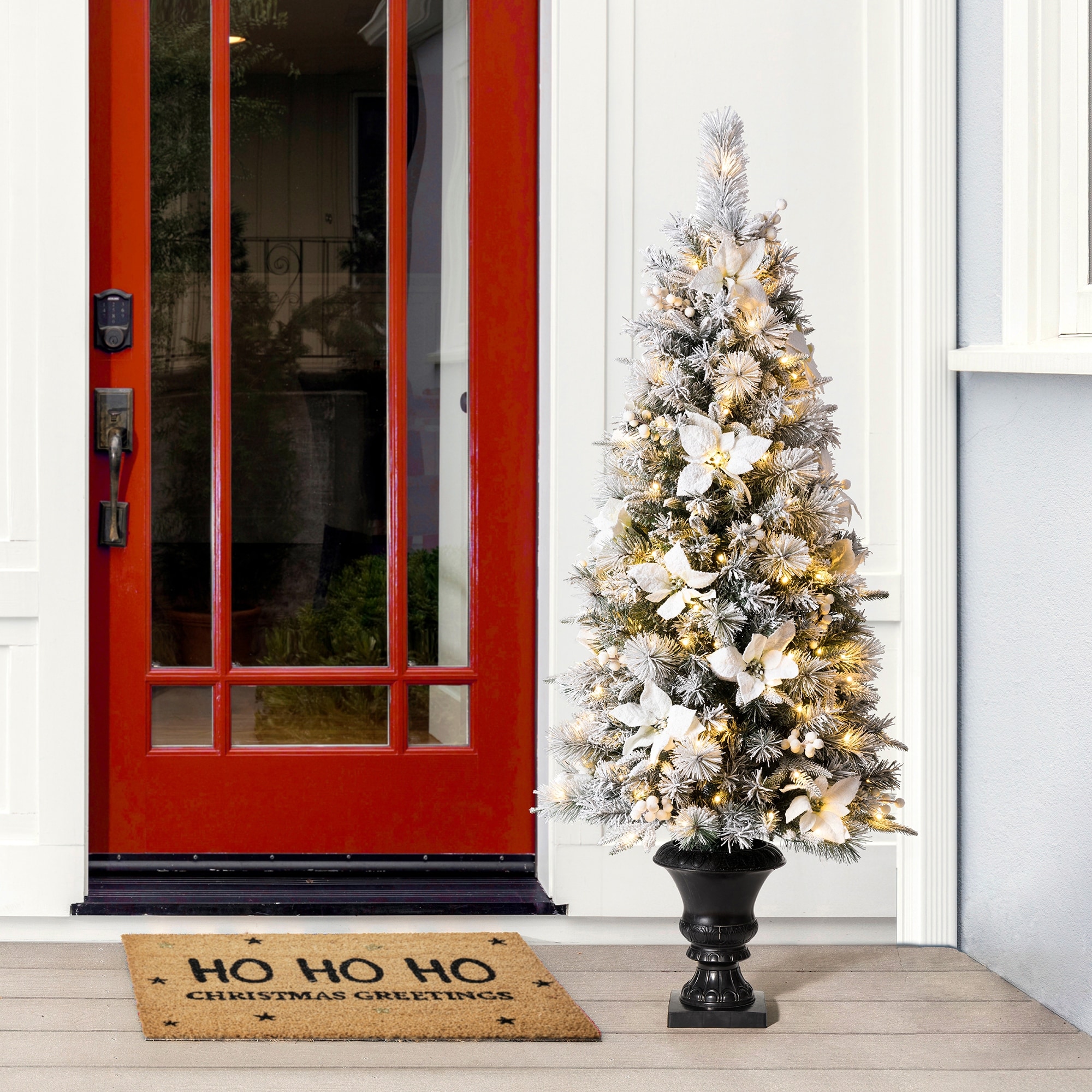 Glitzhome 5FT Pre-Lit Snow-Flocked Pine Artificial Potted Christmas Tree with 150 Warm White Lights and Poinsettia