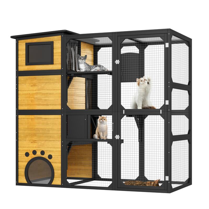Catio Outdoor Cat Enclosure with Window Access, Outdoor Insulated Cat House for Multiple Cats, Cat Patio with Platforms
