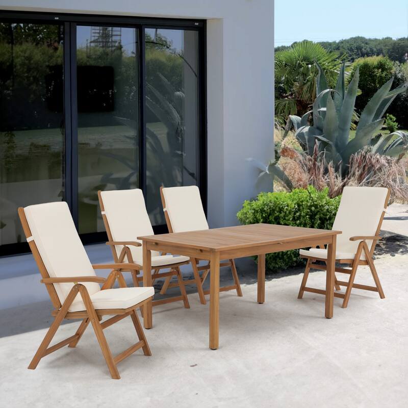 Outdoor 5 Pieces ACACIA Wood Dining Set Extendable Table - Natural/White