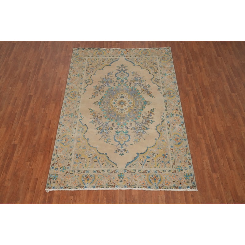Hand Knotted Oriental 100% Wool Carpet Traditional Floral Beige & Ivories Tabriz Area Rug - 9' 10'' X 6' 6''