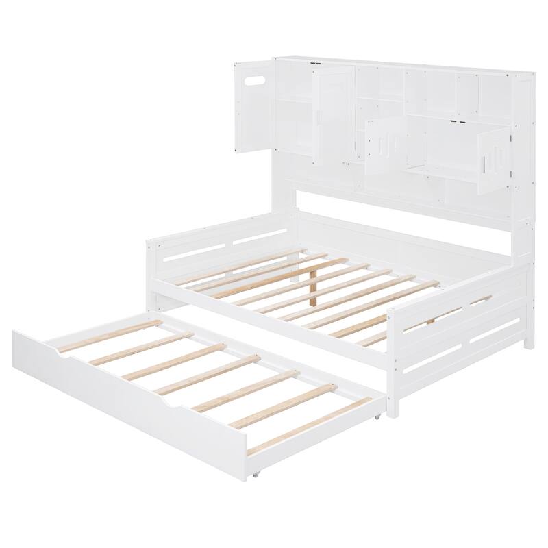 Full Size Wood Daybed with Built-in Storage Cabinet, Open Shelves & Twin Trundle Bed, Space-Saving Multi-Functional Frame