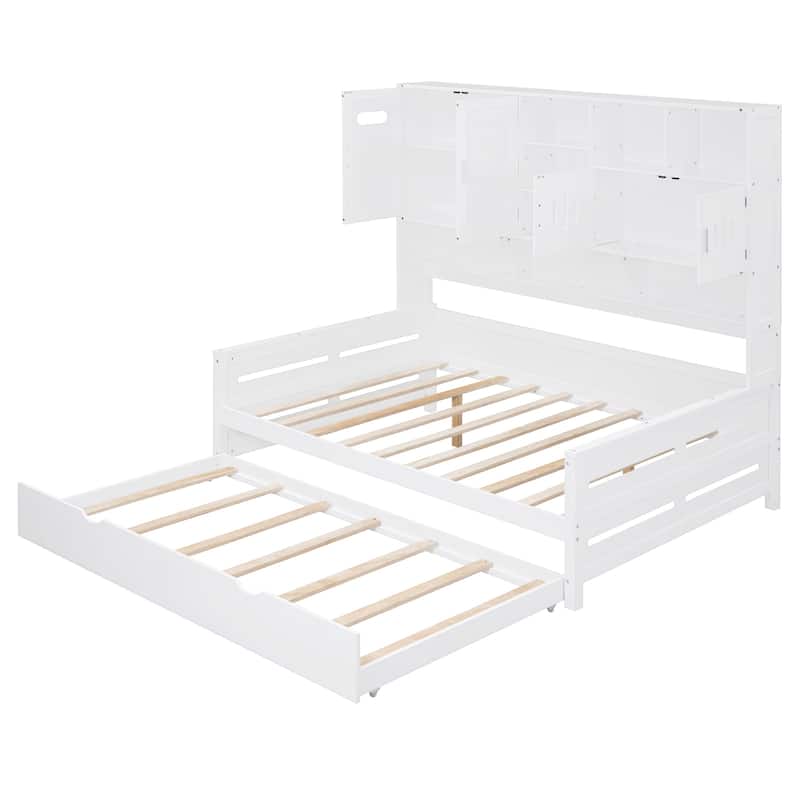 Full Size Wooden Daybed with Twin Trundle and Built-In Storage and 600lb Capacity
