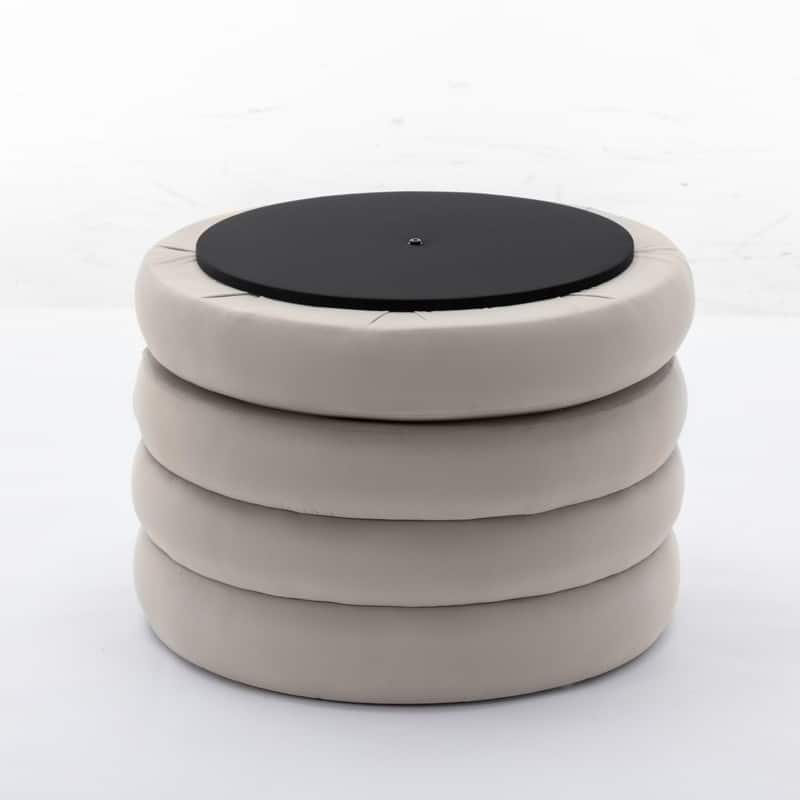 Velvet Fabric Storage Round Ottoman Footstool With Wooden Shelving