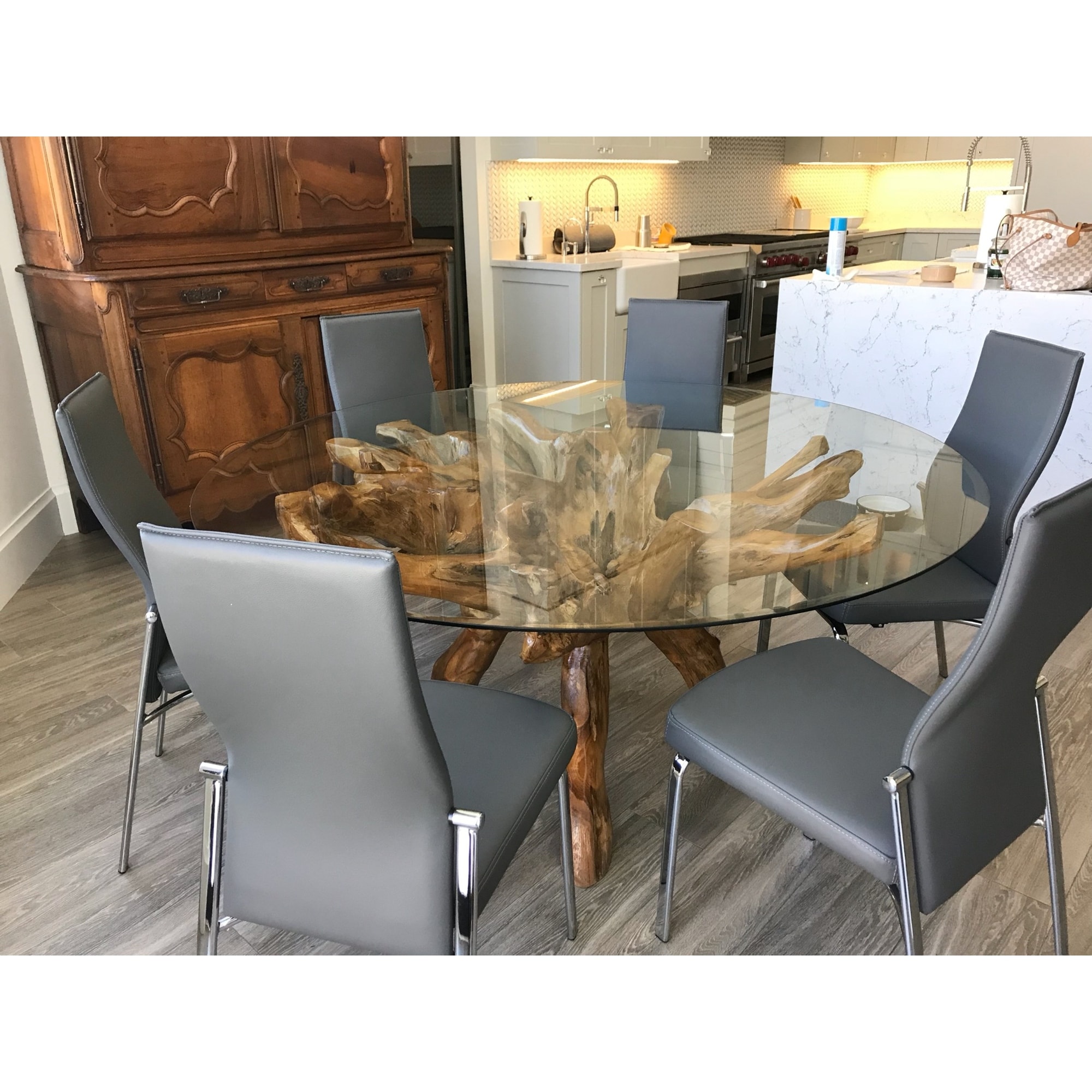 Shop Chic Teak Rustic Teak Wood Root Dining Table Including 55 Inch Round Glass Top Overstock 31809618