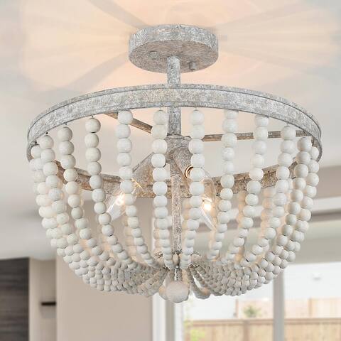 Allisa Wood Beaded 3-Light 16" Farmhouse Boho Semi Flush Mount Ceiling Light - D16" x H13.5"
