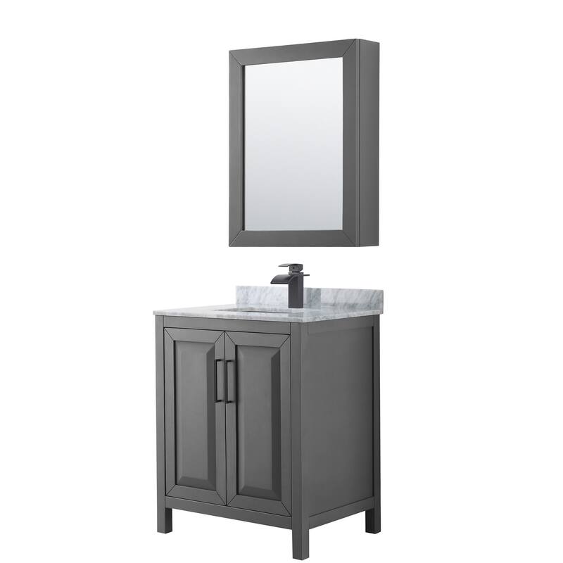 Wyndham Collection Daria 30" Free Standing Single Vanity Set with MDF - Dark Gray / White Carrara Marble Top / Matte Black - Steel Finish