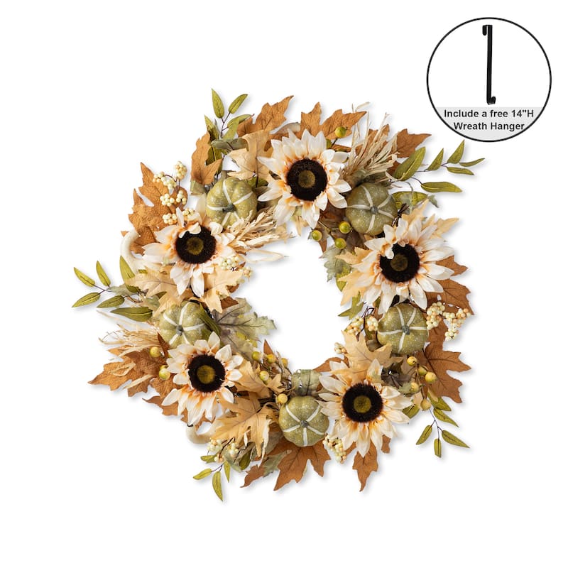 Glitzhome Fall Sunflower Pumpkin Floral Aritificial Garland or Swag Wreath with Free Hanger