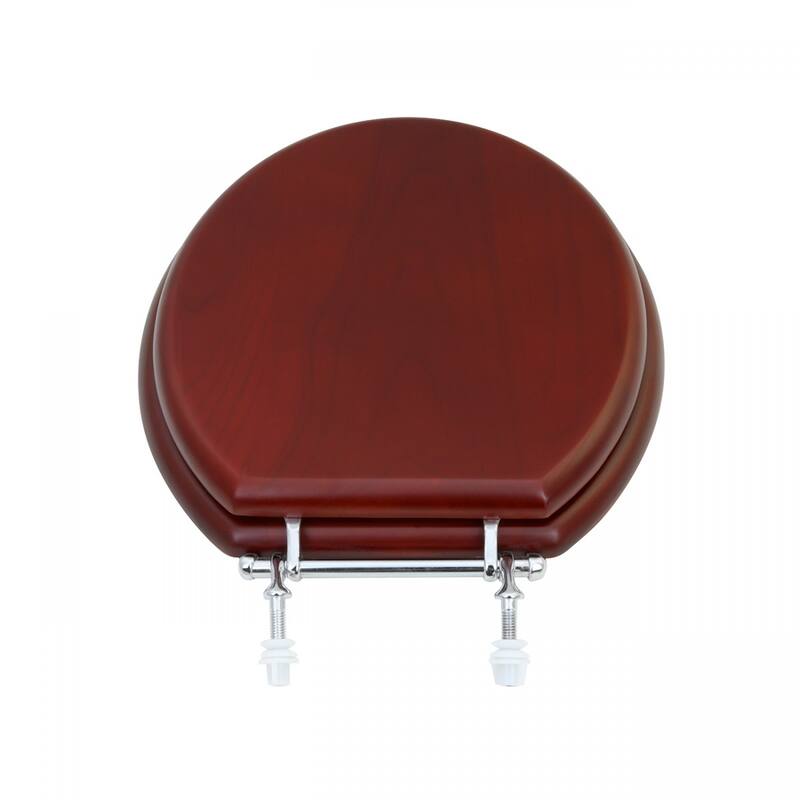 Cherry Finish Wooden Round Toilet Seat with Lid with Chrome Hinges and Non Slip Polymer Bumper Stabilizers - Red