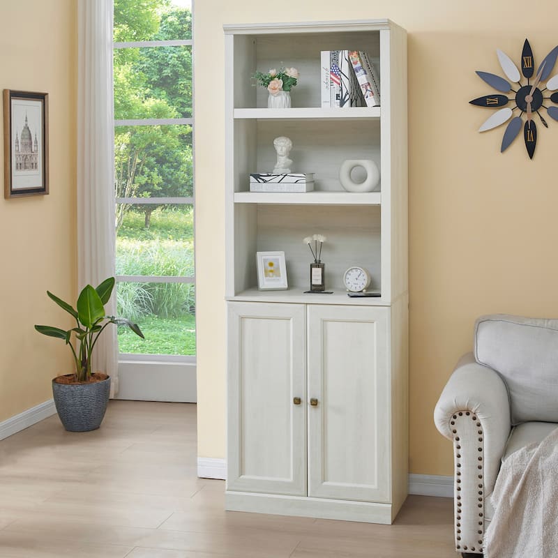 Tall Storage Cabinet File Cabinet Closet Organizer Cabinet with 3 Open Shelves and USB Charging Station - Rustic White